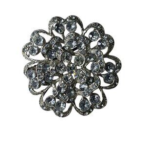 Vintage Silver Tone Rhinestone Floral Brooch Pin Womens Jewelry u